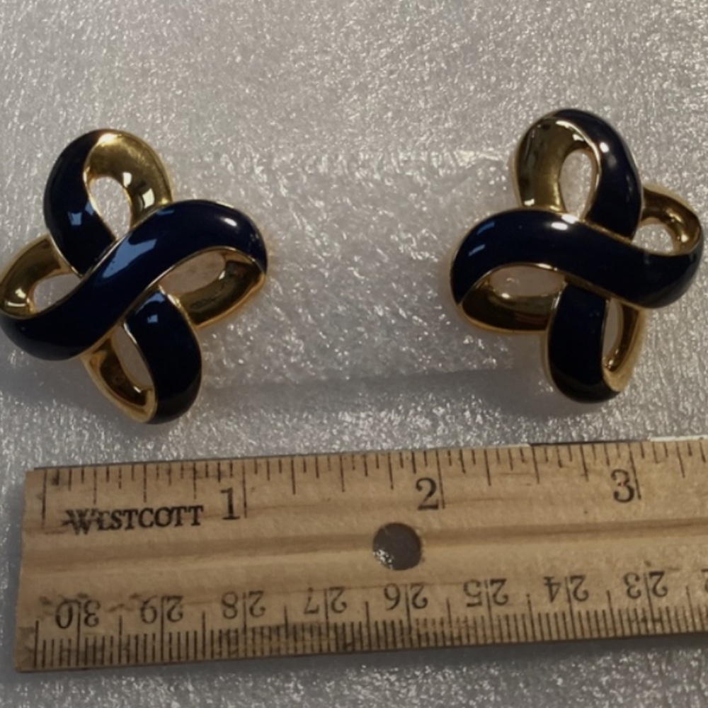 Vintage Signed Monet Earrings Large Chunky Clip On Gold Tone/Dark Blue